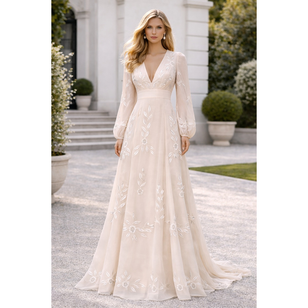 BHLDN Belize Wedding Dress Ivory Embroidered Long Sleeve V Neck Gown Size 6